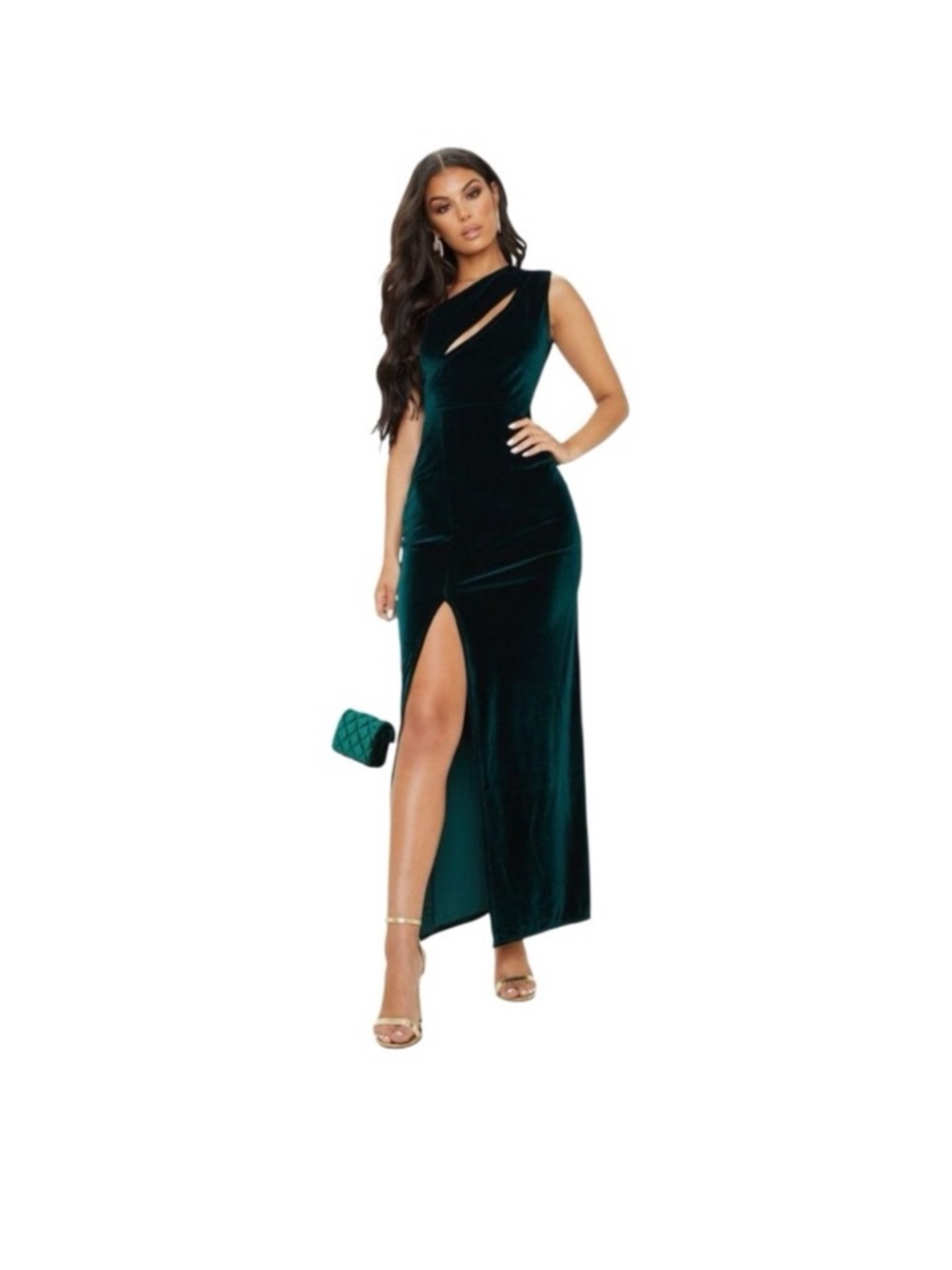PrettyLittleThing NWT green stretch velvet one shoulder sexy MAXI dress size 12